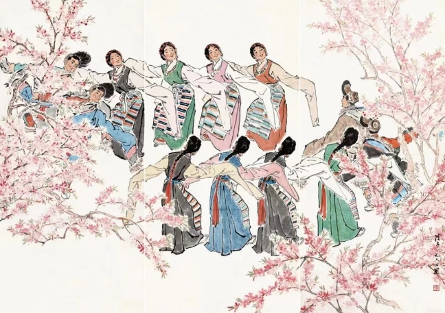 葉淺予高原之春紙本設色211cm×98cm、211cm×105cm、211cm×98cm1964年